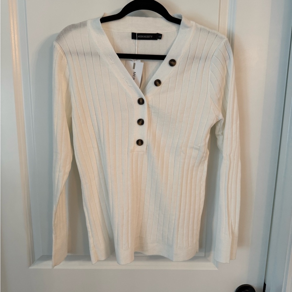 Mercer+Mint Cream Ribbed Henley Long Sleeve Top